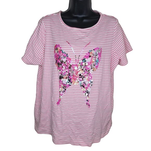 Quacker Factory Butterfly Sequin Striped Short Sleeve T-shirt 1x - Picture 2 of 6